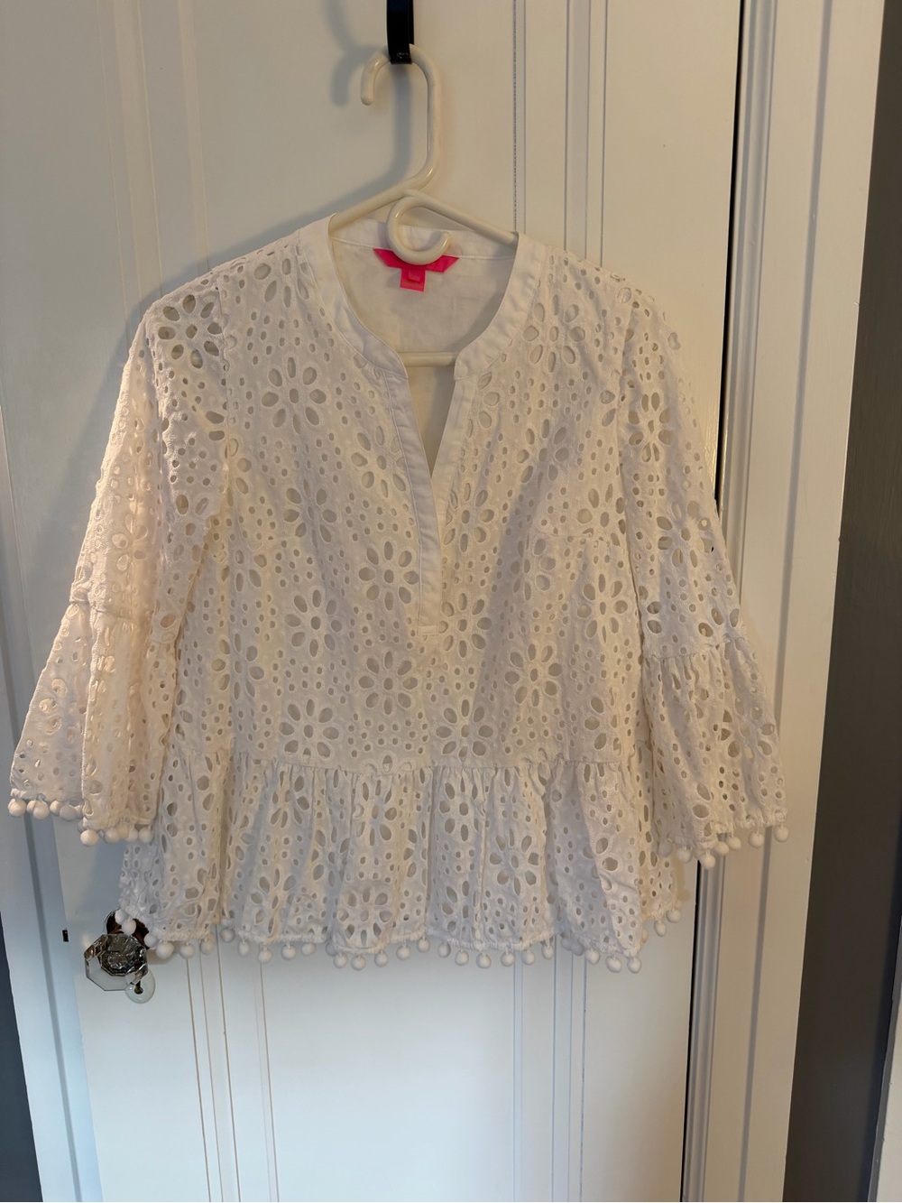 Lilly Pulitzer White Eyelet Top with Pom Trim, EUC, size S